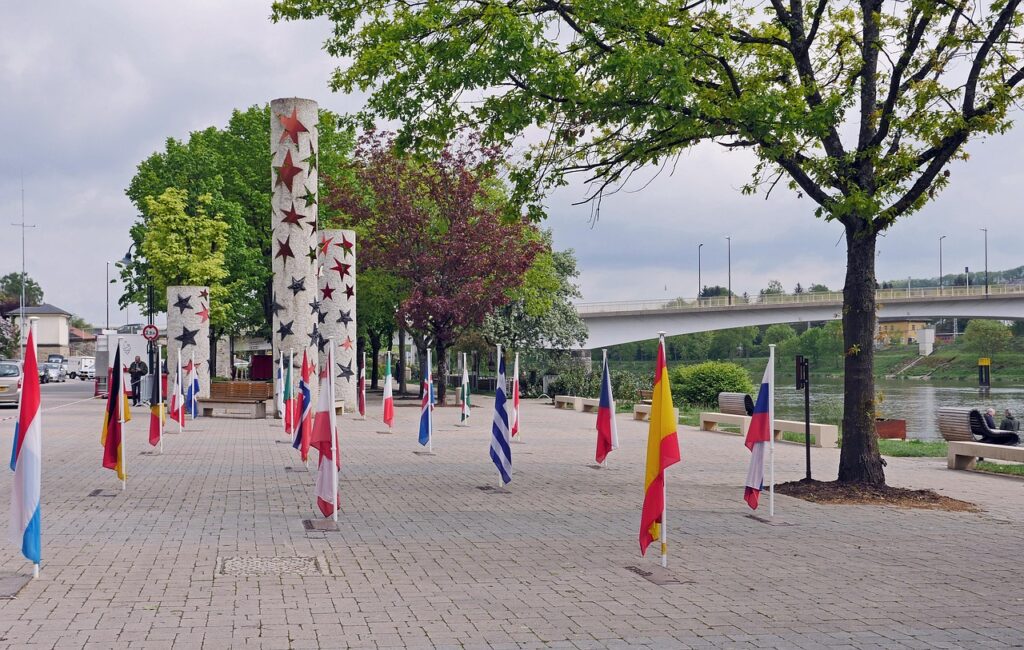 schengen, the europe center, luxembourg, moselle, moselle bridge, nennig, saarland, tree, road, city, travel, tourism, monument, flags, documentation centre, schengen, schengen, schengen, schengen, schengen