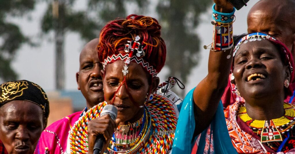 Vibrant cultural performance in Rwanda featuring traditional clothing and singing.