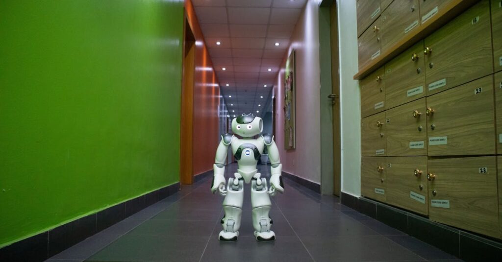 A humanoid robot stands in a vibrant, modern hallway in Lagos, Nigeria.