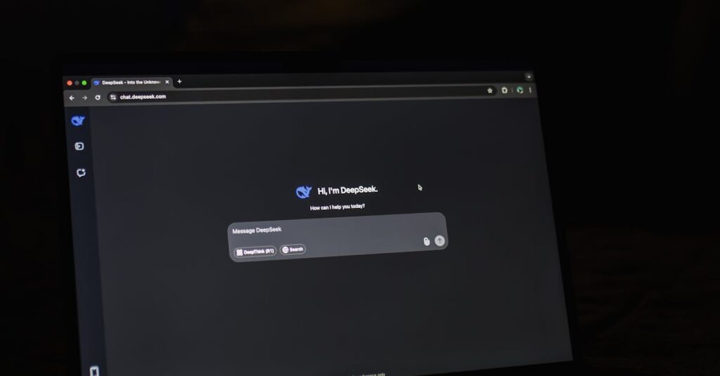 Dimly lit room featuring a laptop with an AI chat application screen visible, creating a tech-focused ambiance.