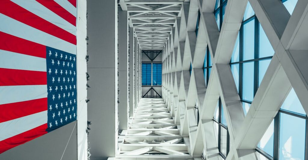 Futuristic steel architecture with American flag - a unique perspective shot.