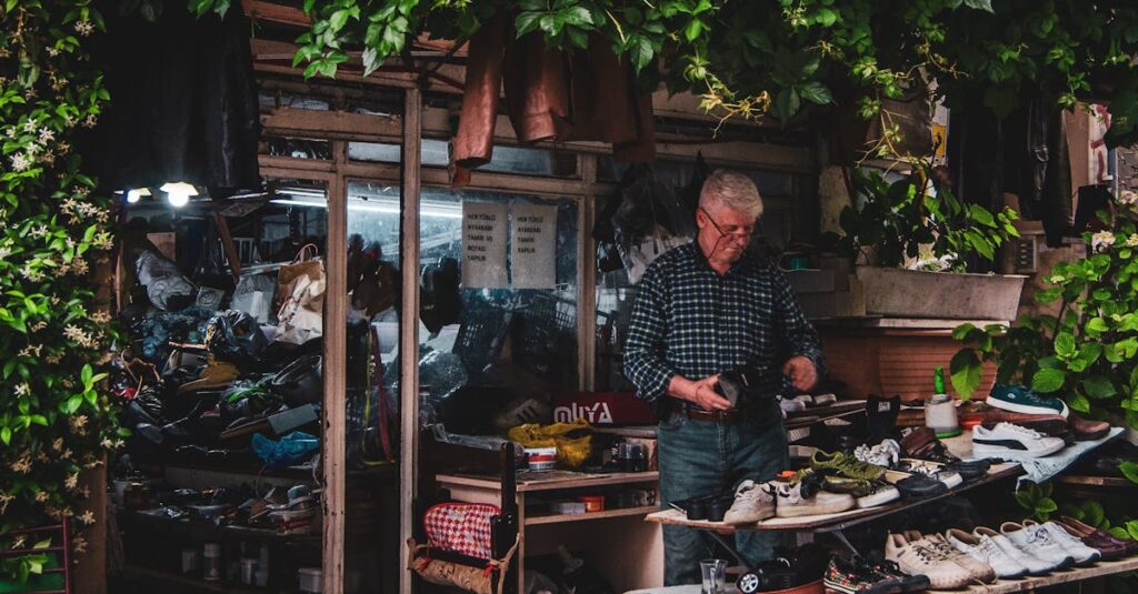 Local artisan working amidst various shoes at a vibrant outdoor shop in Samsun.