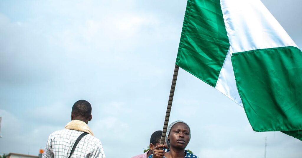 An activist in Nigeria holds a flag during a street protest.
