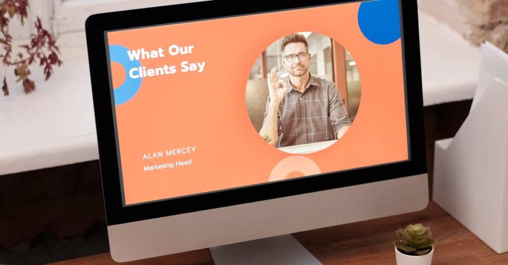 Stylish home office setup with computer showcasing client testimonials.