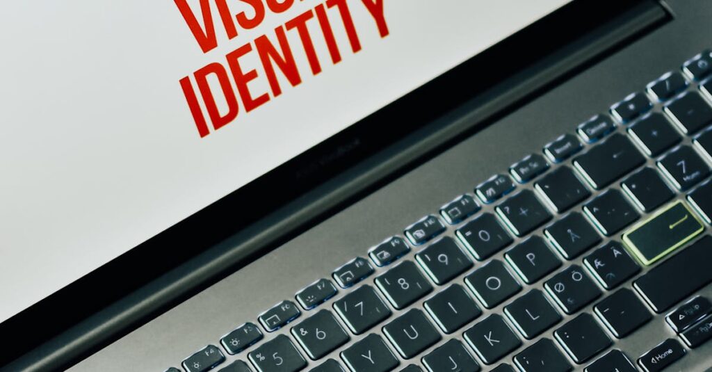 Laptop screen showing text on brand personality and visual identity for marketing strategy.