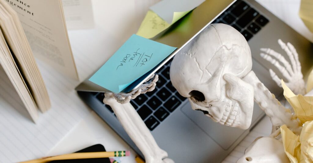 Skeleton at a desk overwhelmed with work symbolizing burnout, stress, and overworking.