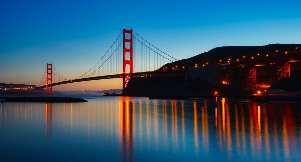panorama, golden gate bridge, san francisco bay, suspensio bridge, infrastructure, bridge, famous, places of interest, illuminated, reflection, water reflection, landmark, architecture, sunset, nature, dusk, lights, glow, san francisco, california, water
