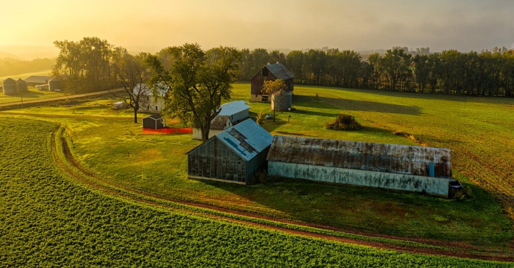 Stunning aerial photo of a rural farm in Minnesota, showcasing lush fields and historic barns at sunrise.