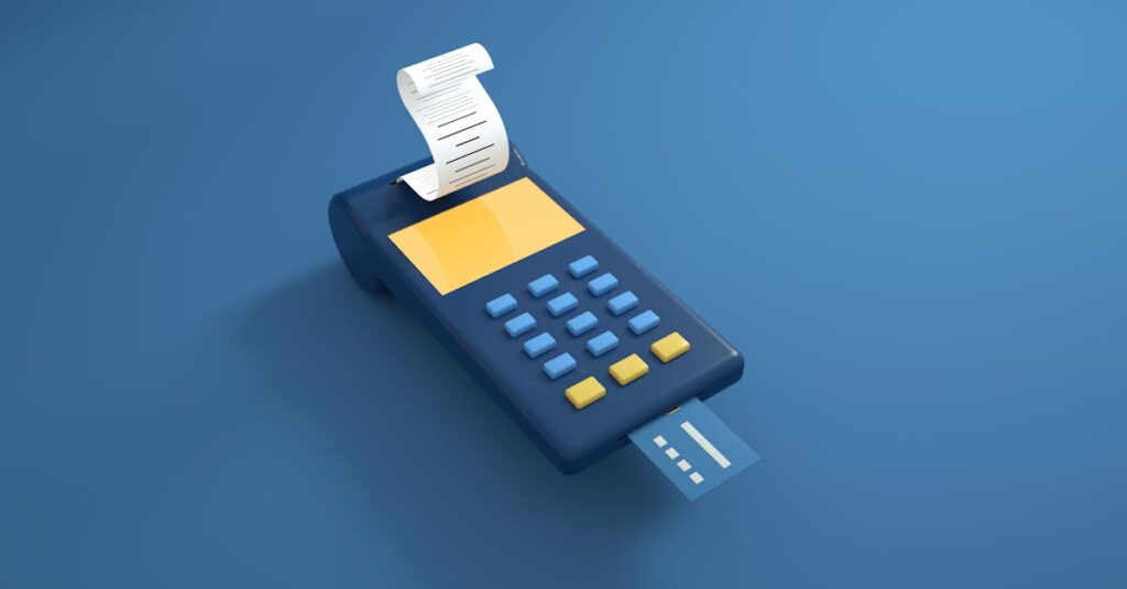 A blue card reader with a receipt printout and inserted card on a blue background.