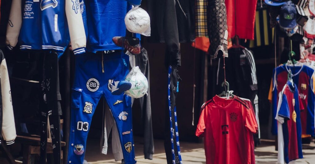 Colorful clothing displayed at a lively street market in Nigeria, showcasing local fashion.