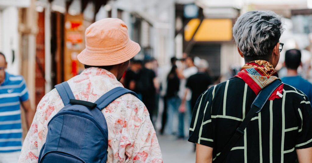 Stylish travelers walking through Rabat's bustling streets, capturing Moroccan urban life.