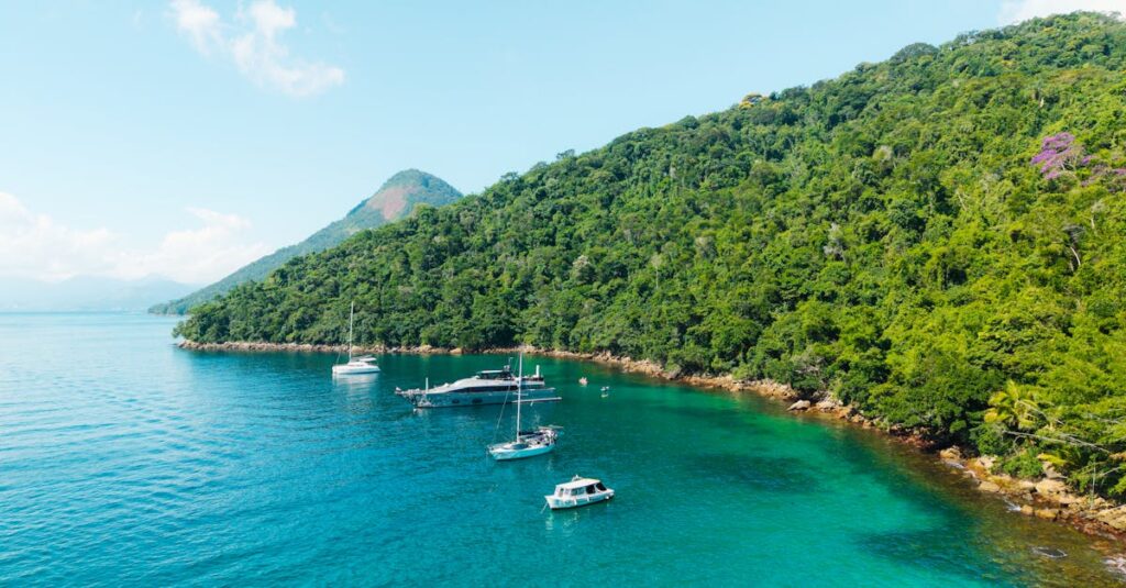 Stunning aerial shot of clear turquoise waters and moored boats along Ilha Grande's lush coastline in Brazil.
