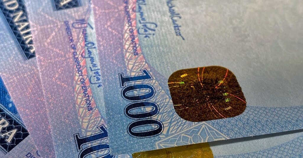 Detailed close-up of Nigerian Naira banknotes showcasing currency texture and design.