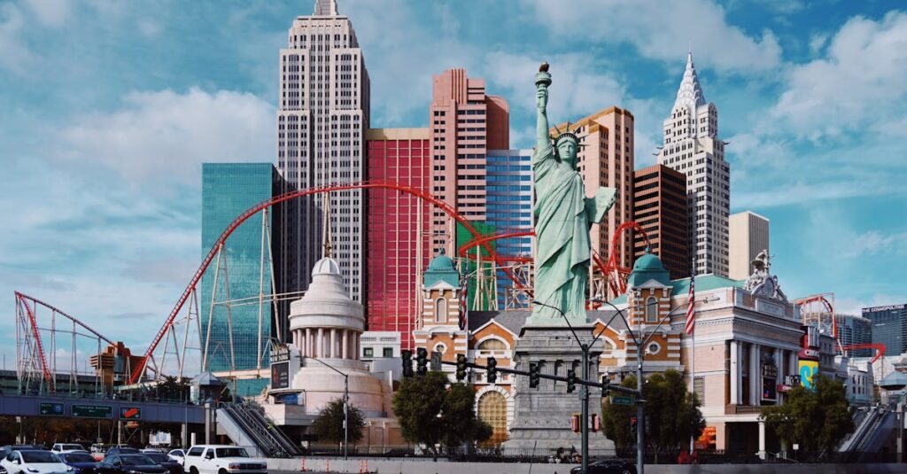 Colorful cityscape in Las Vegas featuring iconic replicas and vibrant architecture.
