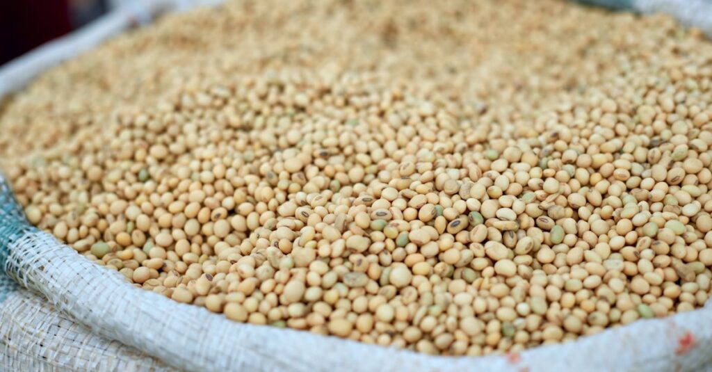 Bulk soybeans in a bag for sale at an outdoor market, emphasizing agricultural produce.