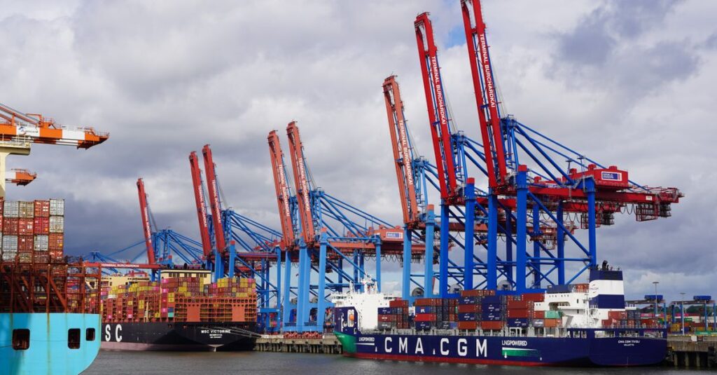 Container ships and cranes at the bustling Hamburg port, showcasing global trade activity.