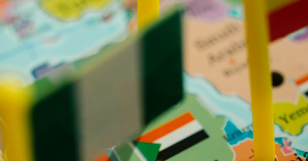 Closeup of African political map featuring flags of various countries with selective focus